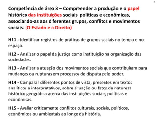 Competência de área 3 – Compreender a produção e o papel
histórico das instituições sociais, políticas e econômicas,
associando-as aos diferentes grupos, conflitos e movimentos
sociais. (O Estado e o Direito)
H11 - Identificar registros de práticas de grupos sociais no tempo e no
espaço.
H12 - Analisar o papel da justiça como instituição na organização das
sociedades.
H13 - Analisar a atuação dos movimentos sociais que contribuíram para
mudanças ou rupturas em processos de disputa pelo poder.
H14 - Comparar diferentes pontos de vista, presentes em textos
analíticos e interpretativos, sobre situação ou fatos de natureza
histórico-geográfica acerca das instituições sociais, políticas e
econômicas.
H15 - Avaliar criticamente conflitos culturais, sociais, políticos,
econômicos ou ambientais ao longo da história.
7
 