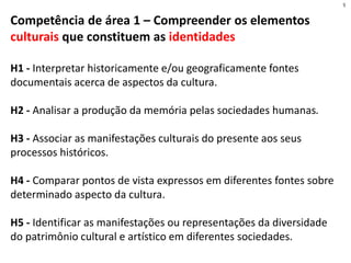 Competência de área 1 – Compreender os elementos
culturais que constituem as identidades
H1 - Interpretar historicamente e/ou geograficamente fontes
documentais acerca de aspectos da cultura.
H2 - Analisar a produção da memória pelas sociedades humanas.
H3 - Associar as manifestações culturais do presente aos seus
processos históricos.
H4 - Comparar pontos de vista expressos em diferentes fontes sobre
determinado aspecto da cultura.
H5 - Identificar as manifestações ou representações da diversidade
do patrimônio cultural e artístico em diferentes sociedades.
5
 