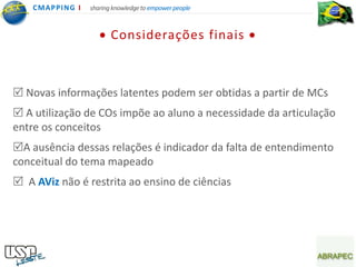 CMA PPING I   sharing knowledge to empower people



                         Considerações finais



 Novas informações latentes podem ser obtidas a partir de MCs
 A utilização de COs impõe ao aluno a necessidade da articulação
entre os conceitos
A ausência dessas relações é indicador da falta de entendimento
conceitual do tema mapeado
 A AViz não é restrita ao ensino de ciências
 