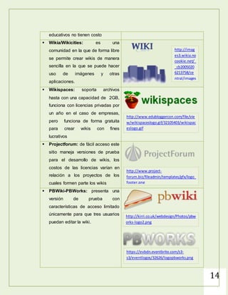 14
educativos no tienen costo
 Wikia/Wikicities: es una
comunidad en la que de forma libre
se permite crear wikis de manera
sencilla en la que se puede hacer
uso de imágenes y otras
aplicaciones.
 Wikispaces: soporta archivos
hasta con una capacidad de 2GB,
funciona con licencias privadas por
un año en el caso de empresas,
pero funciona de forma gratuita
para crear wikis con fines
lucrativos
 Projectforum: de fácil acceso este
sitio maneja versiones de prueba
para el desarrollo de wikis, los
costos de las licencias varían en
relación a los proyectos de los
cuales formen parte los wikis
 PBWiki-PBWorks: presenta una
versión de prueba con
características de acceso limitado
únicamente para que tres usuarios
puedan editar la wiki.
http://imag
es3.wikia.no
cookie.net/_
_cb2005020
6213758/ce
ntral/images
/archive/b/b
c/20060215
055016!Wiki
.pn g
http://www.edubloggercon.com/file/vie
w/wikispaceslogo.gif/32105403/wikispac
eslogo.gif
http://www.project-
forum.biz/fileadmin/templates/gfx/logo_
footer.png
http://kirri.co.uk/webdesign/Photos/pbw
orks-logo2.png
https://evbdn.eventbrite.com/s3-
s3/eventlogos/32626/logopbworks.png
 