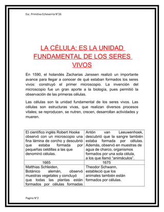 Esc. Primitiva Echeverría N°26

LA CÉLULA: ES LA UNIDAD
FUNDAMENTAL DE LOS SERES
VIVOS
En 1590, el holandés Zacharias Janssen realizó un importante
avance para llegar a conocer de qué estaban formados los seres
vivos: construyó el primer microscopio. La invención del
microscopio fue un gran aporte a la biología, pues permitió la
observación de las primeras células.
Las células son la unidad fundamental de los seres vivos. Las
células son estructuras vivas, que realizan diversos procesos
vitales; se reproducen, se nutren, crecen, desarrollan actividades y
mueren.

El científico inglés Robert Hooke
observó con un microscopio una
fina lámina de corcho y descubrió
que
estaba
formada
por
pequeñas celdillas a las que
denominó células.

Antón
van
Leeuwenhoek,
descubrió que la sangre también
estaba formada por células.
Además, observó en muestras de
agua de charco, organismos
formados por una sola célula,
a los que llamó “animáculos”.
1665
1675
Matthias Schleiden,
Theodor Schwann,
Botánico
alemán,
observó estableció que los
muestras vegetales y concluyó
animales también están
que todas las plantas están formados por células.
formados por células formadas

Pagina N°2

 