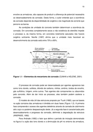 19
envolve as armaduras, são capazes de produzir a diferença de potencial necessária
ao desencadeamento da corrosão. Desta forma, o autor entende que a ocorrência
da corrosão depende da disponibilidade de oxigênio e da magnitude da corrente que
percorre as barras.
As condições de umidade do concreto também determinam a ocorrência da
corrosão. Em concretos completamente secos a não existência do eletrólito impede
o processo e, da mesma forma, em concretos totalmente saturados não haverá
oxigênio suficiente. Neville (1997) afirma que a umidade mais favorável ao
desenvolvimento da corrosão está entre 70% e 80%.
Figura 1.1 – Elementos do mecanismo de corrosão (CUNHA e HELENE, 2001)
O processo de corrosão pode ser desencadeado por agentes agressivos tais
como íons cloreto, sulfetos, dióxido de carbono, nitritos, amônio, óxidos de enxofre,
gás sulfídrico, fuligem, entre outros. Tais agentes são componentes ou absorvidos
pelo concreto. Além de dar inicio ao processo, eles também podem acelerar a
corrosão.
O modelo de vida útil das estruturas proposto por Tuutti (1982), que se baseia
na ação corrosiva das armaduras é dividida em duas fases (Figura 1.2). A primeira
fase compreende o acesso dos agentes deletérios através da camada de cobrimento
até o aço e a posterior despassivação deste. Já a segunda fase é caracterizada pelo
desencadeamento e progresso da corrosão, definindo a degradação da estrutura
(ANDRADE, 1992)
Para Andrade (1992) o fator que define o período de iniciação demonstrado
na figura é a ação dos íons cloreto e a diminuição do pH no entorno da armadura,
 