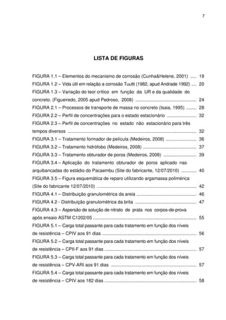 7
LISTA DE FIGURAS
FIGURA 1.1 – Elementos do mecanismo de corrosão (Cunha&Helene, 2001) ..... 19
FIGURA 1.2 – Vida útil em relação a corrosão Tuutti (1982, apud Andrade 1992) .... 20
FIGURA 1.3 – Variação do teor crítico em função da UR e da qualidade do
concreto. (Figueiredo, 2005 apud Pedroso, 2008) ................................................ 24
FIGURA 2.1 – Processos de transporte de massa no concreto (Isaia, 1995) ........ 28
FIGURA 2.2 – Perfil de concentrações para o estado estacionário ....................... 32
FIGURA 2.3 – Perfil de concentrações no estado não estacionário para três
tempos diversos ..................................................................................................... 32
FIGURA 3.1 – Tratamento formador de película (Medeiros, 2008) ........................ 36
FIGURA 3.2 – Tratamento hidrófobo (Medeiros, 2008) .......................................... 37
FIGURA 3.3 – Tratamento obturador de poros (Medeiros, 2008) .......................... 39
FIGURA 3.4 – Aplicação do tratamento obturador de poros aplicado nas
arquibancadas do estádio do Pacaembu (Site do fabricante, 12/07/2010) ............ 40
FIGURA 3.5 – Figura esquemática de reparo utilizando argamassa polimérica
(Site do fabricante 12/07/2010) .............................................................................. 42
FIGURA 4.1 – Distribuição granulométrica da areia ............................................... 46
FIGURA 4.2 - Distribuição granulométrica da brita ................................................ 47
FIGURA 4.3 – Aspersão de solução de nitrato de prata nos corpos-de-prova
após ensaio ASTM C1202/05 ................................................................................. 55
FIGURA 5.1 – Carga total passante para cada tratamento em função dos níveis
de resistência – CPIV aos 91 dias .......................................................................... 56
FIGURA 5.2 – Carga total passante para cada tratamento em função dos níveis
de resistência – CPII-F aos 91 dias ........................................................................ 57
FIGURA 5.3 – Carga total passante para cada tratamento em função dos níveis
de resistência – CPV-ARI aos 91 dias ................................................................... 57
FIGURA 5.4 – Carga total passante para cada tratamento em função dos níveis
de resistência – CPIV aos 182 dias ........................................................................ 58
 