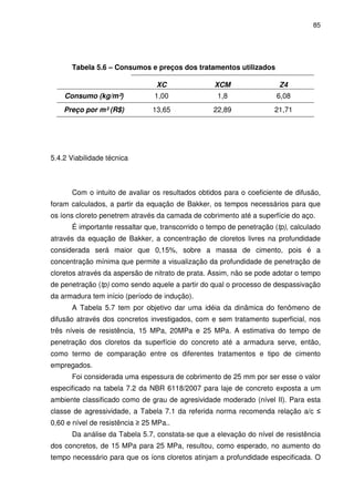 85
Tabela 5.6 – Consumos e preços dos tratamentos utilizados
XC XCM Z4
Consumo (kg/m²) 1,00 1,8 6,08
Preço por m² (R$) 13,65 22,89 21,71
5.4.2 Viabilidade técnica
Com o intuito de avaliar os resultados obtidos para o coeficiente de difusão,
foram calculados, a partir da equação de Bakker, os tempos necessários para que
os íons cloreto penetrem através da camada de cobrimento até a superfície do aço.
É importante ressaltar que, transcorrido o tempo de penetração (tp), calculado
através da equação de Bakker, a concentração de cloretos livres na profundidade
considerada será maior que 0,15%, sobre a massa de cimento, pois é a
concentração mínima que permite a visualização da profundidade de penetração de
cloretos através da aspersão de nitrato de prata. Assim, não se pode adotar o tempo
de penetração (tp) como sendo aquele a partir do qual o processo de despassivação
da armadura tem início (período de indução).
A Tabela 5.7 tem por objetivo dar uma idéia da dinâmica do fenômeno de
difusão através dos concretos investigados, com e sem tratamento superficial, nos
três níveis de resistência, 15 MPa, 20MPa e 25 MPa. A estimativa do tempo de
penetração dos cloretos da superfície do concreto até a armadura serve, então,
como termo de comparação entre os diferentes tratamentos e tipo de cimento
empregados.
Foi considerada uma espessura de cobrimento de 25 mm por ser esse o valor
especificado na tabela 7.2 da NBR 6118/2007 para laje de concreto exposta a um
ambiente classificado como de grau de agresividade moderado (nível II). Para esta
classe de agressividade, a Tabela 7.1 da referida norma recomenda relação a/c ≤
0,60 e nível de resistência ≥ 25 MPa..
Da análise da Tabela 5.7, constata-se que a elevação do nível de resistência
dos concretos, de 15 MPa para 25 MPa, resultou, como esperado, no aumento do
tempo necessário para que os íons cloretos atinjam a profundidade especificada. O
 