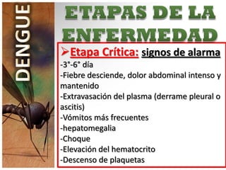 Etapa Crítica: signos de alarma
-3°-6° día
-Fiebre desciende, dolor abdominal intenso y
mantenido
-Extravasación del plasma (derrame pleural o
ascitis)
-Vómitos más frecuentes
-hepatomegalia
-Choque
-Elevación del hematocrito
-Descenso de plaquetas
 