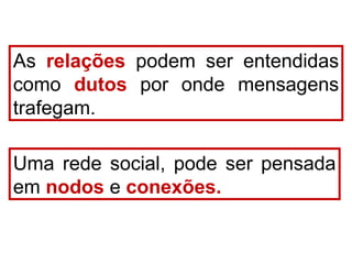 As relações podem ser entendidas
como dutos por onde mensagens
trafegam.
Uma rede social, pode ser pensada
em nodos e conexões.
 