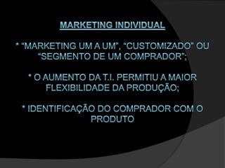 Marketing Individual* “Marketing um a um”, “Customizado” ou “segmento de um comprador”;* O aumento da T.I.permitiu a maior flexibilidade da produção;* Identificação do comprador com o produto 