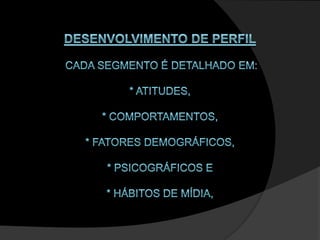 DESENVOLVIMENTO DE PERFIL cada segmento é detalhado em:* atitudes, * comportamentos, * fatores demográficos, * psicográficos e * hábitos de mídia,