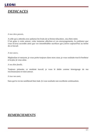 DEDICACES
A mes chers parents,
A celle qui a attendu avec patience les fruits de sa bonne éducation...ma chère mère.
C’est grâce à votre amour, votre immense affection et vos encouragements, la confiance que
vous m’avez accordée ainsi que vos innombrables sacrifices que j’arrive aujourd’hui au terme
de ce travail.
A mes sœurs,
Majdouline et meryem, je vous porte toujours dans mon cœur, je vous souhaite tout le bonheur
et la joie, Je vous aime.
A ma chère famille,
Toujours présente, ce modeste travail, je vous le dédie comme témoignage de ma
reconnaissance et mon amour.
A tous mes amis,
Sans qui la vie me semblerait bien fade. Je vous souhaite une excellente continuation.
REMERCIEMENTS
- 2 -
 