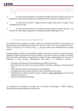NB : A chaque début d’équipe un magasinier essaie de vider la zone en surplus. Au
moment de remplissage si le nombre de rollers atteint le seuil maxi il met l’identification
au rouge.
• Le seuil maxi était atteint et le nombre de rollers descend en dessous du seuil. Il
appartient au gestionnaire désigné sur l’identification de réactualiser l’affichage au vert.
• Le seuil mini est atteint : l’approvisionneur ligne rentre dans la rangée et met
l’identification au rouge.
• Le seuil mini était atteint et le nombre de roller repasse au dessus du seuil : Au
moment de l’adressage, le magasinier adressage réactualise l’affichage au vert.
I. LA PLANIFICATION DE LA PRODUCTION :
La planification des opérations consiste à définir, en fonction des délais et des priorités, les
dates de début des opérations d’un ordre (OT = Ordre de Travail ; OF = ordre de fabrication, OM =
Ordre de maintenance, OA = Ordre d’achat …), afin que celles-ci soit terminées dans les délais
prévus.
Lorsque plusieurs ordres, qui nécessitent les mêmes ressources sont lancés au même moment,
différentes règles de priorité peuvent être utilisées pour fixer les dates de début d’exécution.
Dans la fonction production, la planification est faite de façon séquentielle et en suivant une
hiérarchie à trois niveaux. Globalement, elle obéit à la démarche suivante :
o Estimation des besoins de consommation par famille de produits ;
o Décomposition des besoins de chaque famille de produit en références finales (produit
fini) ;
o Calcul des besoins bruts sur la base de la nomenclature ;
o Evaluation des stocks, calcul des besoins nets et planification des ordres
o Planification des charges (main d’œuvre, machines, temps opératoires) sur la base des
gammes d’opération ;
o Exécution du plan de fabrication.
Le traitement des données est réalisé par un Système Informatique : SIGIP (Système
informatique de gestion intégrée de production.
- 31 -
 