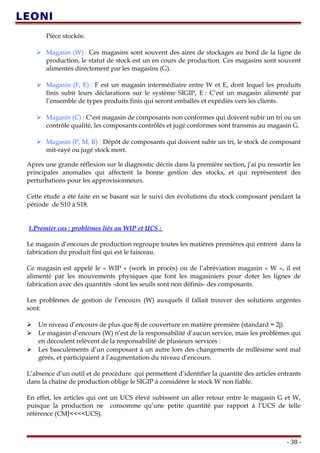 Pièce stockée.
 Magasin (W) : Ces magasins sont souvent des aires de stockages au bord de la ligne de
production, le statut de stock est un en cours de production. Ces magasins sont souvent
alimentés directement par les magasins (G).
 Magasin (F, E) : F est un magasin intermédiaire entre W et E, dont lequel les produits
finis subit leurs déclarations sur le système SIGIP, E : C’est un magasin alimenté par
l’ensemble de types produits finis qui seront emballés et expédiés vers les clients.
 Magasin (C) : C’est magasin de composants non conformes qui doivent subir un tri ou un
contrôle qualité, les composants contrôlés et jugé conformes sont transmis au magasin G.
 Magasin (P, M, R) : Dépôt de composants qui doivent subir un tri, le stock de composant
mit-rayé ou jugé stock mort.
Apres une grande réflexion sur le diagnostic décris dans la première section, j’ai pu ressortir les
principales anomalies qui affectent la bonne gestion des stocks, et qui représentent des
perturbations pour les approvisionneurs.
Cette étude a été faite en se basant sur le suivi des évolutions du stock composant pendant la
période de S10 à S18.
1.Premier cas : problèmes liés au WIP et UCS :
Le magasin d’encours de production regroupe toutes les matières premières qui entrent dans la
fabrication du produit fini qui est le faisceau.
Ce magasin est appelé le « WIP » (work in procès) ou de l’abréviation magasin « W », il est
alimenté par les mouvements physiques que font les magasiniers pour doter les lignes de
fabrication avec des quantités -dont les seuils sont non définis- des composants.
Les problèmes de gestion de l’encours (W) auxquels il fallait trouver des solutions urgentes
sont:
 Un niveau d’encours de plus que 8j de couverture en matière première (standard = 2j).
 Le magasin d’encours (W) n’est de la responsabilité d’aucun service, mais les problèmes qui
en découlent relèvent de la responsabilité de plusieurs services :
 Les basculements d’un composant à un autre lors des changements de millésime sont mal
gérés, et participaient à l’augmentation du niveau d’encours.
L’absence d’un outil et de procédure qui permettent d’identifier la quantité des articles entrants
dans la chaîne de production oblige le SIGIP à considérer le stock W non fiable.
En effet, les articles qui ont un UCS élevé subissent un aller retour entre le magasin G et W,
puisque la production ne consomme qu’une petite quantité par rapport à l’UCS de telle
référence (CMJ<<<<UCS).
- 38 -
 