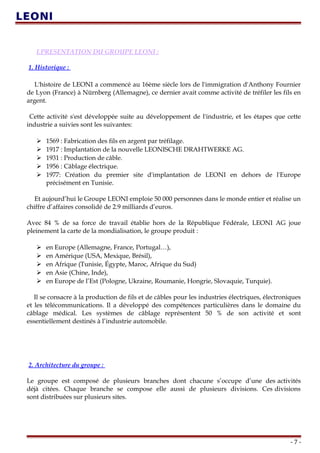 I.PRESENTATION DU GROUPE LEONI :
1. Historique :
L'histoire de LEONI a commencé au 16ème siècle lors de l'immigration d'Anthony Fournier
de Lyon (France) à Nürnberg (Allemagne), ce dernier avait comme activité de tréfiler les fils en
argent.
Cette activité s'est développée suite au développement de l'industrie, et les étapes que cette
industrie a suivies sont les suivantes:
 1569 : Fabrication des fils en argent par tréfilage.
 1917 : Implantation de la nouvelle LEONISCHE DRAHTWERKE AG.
 1931 : Production de câble.
 1956 : Câblage électrique.
 1977: Création du premier site d'implantation de LEONI en dehors de l'Europe
précisément en Tunisie.
Et aujourd’hui le Groupe LEONI emploie 50 000 personnes dans le monde entier et réalise un
chiffre d’affaires consolidé de 2.9 milliards d’euros.
Avec 84 % de sa force de travail établie hors de la République Fédérale, LEONI AG joue
pleinement la carte de la mondialisation, le groupe produit :
 en Europe (Allemagne, France, Portugal…),
 en Amérique (USA, Mexique, Brésil),
 en Afrique (Tunisie, Égypte, Maroc, Afrique du Sud)
 en Asie (Chine, Inde),
 en Europe de l’Est (Pologne, Ukraine, Roumanie, Hongrie, Slovaquie, Turquie).
Il se consacre à la production de fils et de câbles pour les industries électriques, électroniques
et les télécommunications. Il a développé des compétences particulières dans le domaine du
câblage médical. Les systèmes de câblage représentent 50 % de son activité et sont
essentiellement destinés à l’industrie automobile.
2. Architecture du groupe :
Le groupe est composé de plusieurs branches dont chacune s’occupe d’une des activités
déjà citées. Chaque branche se compose elle aussi de plusieurs divisions. Ces divisions
sont distribuées sur plusieurs sites.
- 7 -
 