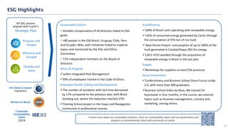 Sustainable Culture
✓Variable compensation of all directors linked to ESG
goals.
✓+80 people in the ESG Brazil, Uruguay, Chile, Peru
and Ecuador WGs, with initiatives linked to material
topics and monitored by the ESG and Ethics
Committee.
✓71% independent members on the Board of
Directors .
Ethics & Integrity
✓LatAm Integrated Risk Management
✓99% of employees trained in the Code of Ethics.
Employee Health, Safety and Development
✓The number of accidents with lost time decreased
by 17% compared to the previous year, with Brazil
standing out, where the reduction reached 37%
✓Training School project in the Itaqui and Navegantes
community in professional courses
Purpose and
People
Quality and
Sales
All ESG actions
aligned with Camil’s
Strategic Plan
Eficiency and
Growth
UN Global Compact
signatory
Women on Board
Ecoefficiency
✓100% of Brazil units operating with renewable energy
✓+35% of consumed energy generated by Camil, through
the consumption of 97k ton of rice husk
✓ New Termo Project: consumption of up to 100% of the
husk generated in Cambaí/Itaqui (RS) for energy
✓3,812 tCO2 avoided through the acquisition of
renewable energy in Brazil in the last year
Supply
✓Workshops for suppliers on best ESG practices
Social Investment
✓Confectionery and Business School Doce Futuro União
2.0, with more than 600 graduates.
✓Business School Grãos da Base, We trained 24
businesses in four months; in the course, we covered
topics such as business management, culinary arts,
marketing, among others.
To learn more about our sustainable initiatives, check our sustainability report with our performance and
progress on environmental, ethics and community on LatAm.
ESG Highlights
29
Corporate
Sustainability
Index
2024
 