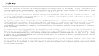 Financial data is presented in accordance with the International Financial Reporting Standards and represents the Company's consolidated results in
millions of reais (R$), unless otherwise indicated. The Company's fiscal year begins in March and ends in February of the following year. The results
presented here include recent transaction data as of their conclusion, except when specified.
This presentation may contain forward-looking statements, which are inherently difficult to predict. Actual results could differ materially for a variety
of reasons. Forward-looking statements speak only as of the date they are made, and the Company does not assume any obligation to update them in
light of new information or future developments.
This material is published solely for informational purposes and should not be construed as a solicitation or an offer to buy or sell any securities or
related financial instruments. Likewise, it does not provide, and should not be treated as providing, investment advice. It has no regard for the specific
investment objectives, financial situation, or particular needs of any recipient. No representation or warranty, either express or implied, is made
regarding the accuracy, completeness, or reliability of the information contained herein. Recipients should not consider it a substitute for the exercise
of their own judgment.
This presentation contains summarized information that should not be considered complete. Certain percentages and other amounts included in this
document have been rounded to facilitate its presentation. Therefore, numbers presented as totals in some tables may not represent the arithmetic
sum of the numbers that precede them and may differ from those presented in the financial statements. Operational data is not audited, as it consists
of measures that are not recognized by IFRS or other accounting standards. Neither this presentation nor anything contained herein should create the
basis for any contract or commitment.
All information contained here is subject to adjustments and revisions without notice. By creating this presentation, neither the Company nor any of its
affiliated companies, directors, executives, or employees assume any obligation to provide the receiver access to any additional information, update
this presentation or any information, or correct any inaccuracy in any of this information. This presentation does not contain all the relevant
information about the Company.
Disclaimer
2
 