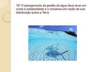 10º O planejamento da gestão da água deve levar em
conta a solidariedade e o consenso em razão de sua
distribuição sobre a Terra
 