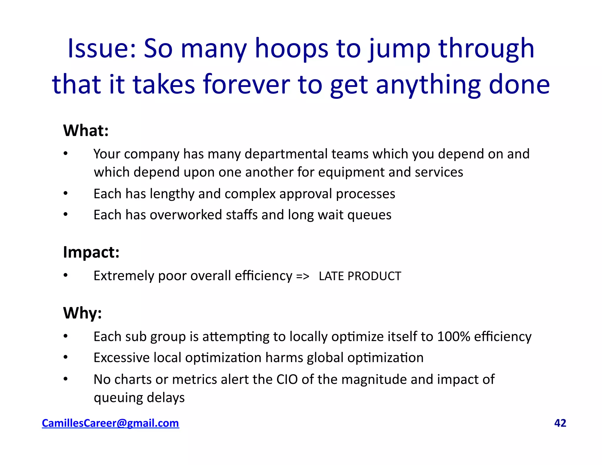 Issue:	
  So	
  many	
  hoops	
  to	
  jump	
  through	
  
that	
  it	
  takes	
  forever	
  to	
  get	
  anything	
  done	
  
What:	
  
•  Your	
  company	
  has	
  many	
  departmental	
  teams	
  which	
  you	
  depend	
  on	
  and	
  
which	
  depend	
  upon	
  one	
  another	
  for	
  equipment	
  and	
  services	
  
•  Each	
  has	
  lengthy	
  and	
  complex	
  approval	
  processes	
  
•  Each	
  has	
  overworked	
  staﬀs	
  and	
  long	
  wait	
  queues	
  
Impact:	
  	
  
•  Extremely	
  poor	
  overall	
  eﬃciency	
  =>	
  	
  	
  LATE	
  PRODUCT	
  
Why:	
  
•  Each	
  sub	
  group	
  is	
  a8emp<ng	
  to	
  locally	
  op<mize	
  itself	
  to	
  100%	
  eﬃciency	
  
•  Excessive	
  local	
  op<miza<on	
  harms	
  global	
  op<miza<on	
  	
  
•  No	
  charts	
  or	
  metrics	
  alert	
  the	
  CIO	
  of	
  the	
  magnitude	
  and	
  impact	
  of	
  
queuing	
  delays	
  
cbell@CamilleBellConsul0ng.com	
  	
  	
  	
  	
  	
  	
  	
  	
  	
  	
  	
  	
  	
  	
  	
  	
  	
  	
  	
  	
  	
  	
  	
  	
  	
  	
  	
  	
  	
  	
  	
  	
  	
  	
  	
  	
  	
  	
  	
  	
  	
  	
  	
  	
  	
  	
  	
  	
  	
  	
  	
  	
  	
  	
  	
  	
  	
  	
  	
  	
  	
  	
  	
  	
  	
  	
  	
  	
  	
  	
  	
  	
  	
  	
  	
  	
  	
  	
  	
  	
  	
  	
  	
  	
  	
  	
  	
  	
  	
  	
  	
  	
  	
  	
  	
  	
  	
  	
  	
  	
  	
  	
  	
  	
  	
  	
  	
  	
  	
  	
  	
  	
  	
  	
  	
  	
  	
  	
  	
  	
  	
  	
  	
  	
  	
  	
  	
  	
  42	
  
 