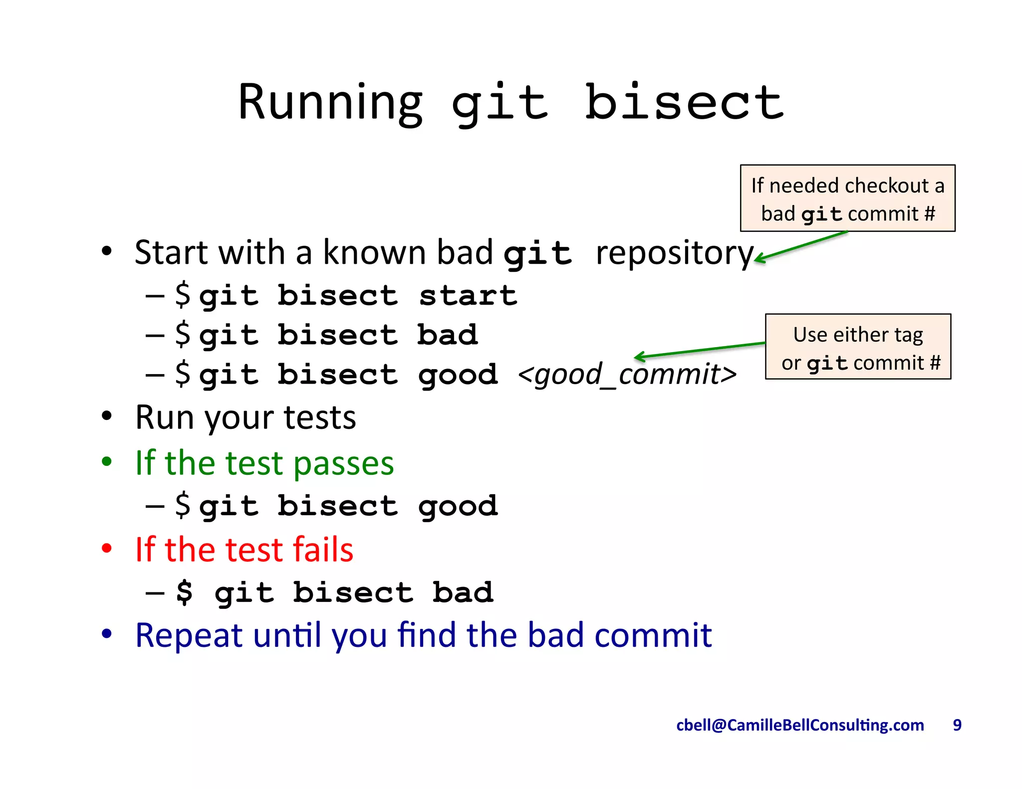 cbell@CamilleBellConsul/ng.com	
  	
  	
  	
  	
  	
  	
  9	
  
Running	
  	
  git bisect 	
  
•  Start	
  with	
  a	
  known	
  bad	
  git repository	
  
–  $	
  git bisect start
–  $	
  git bisect bad
–  $	
  git bisect good <good_commit>	
  
•  Run	
  your	
  tests	
  
•  If	
  the	
  test	
  passes	
  
–  $	
  git bisect good
•  If	
  the	
  test	
  fails	
  
–  $ git bisect bad
•  Repeat	
  un9l	
  you	
  ﬁnd	
  the	
  bad	
  commit
Use	
  either	
  tag	
  
	
  or	
  git	
  commit	
  #	
  
If	
  needed	
  checkout	
  a	
  
bad	
  git	
  commit	
  #	
  
 