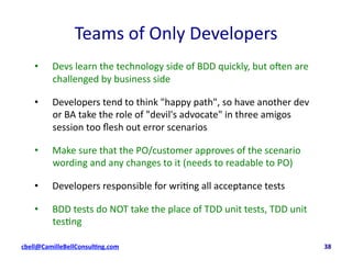 Teams	
  of	
  Only	
  Developers	
  
•  Devs	
  learn	
  the	
  technology	
  side	
  of	
  BDD	
  quickly,	
  but	
  oUen	
  are	
  
challenged	
  by	
  business	
  side	
  	
  
•  Developers	
  tend	
  to	
  think	
  "happy	
  path",	
  so	
  have	
  another	
  dev	
  
or	
  BA	
  take	
  the	
  role	
  of	
  "devil's	
  advocate"	
  in	
  three	
  amigos	
  
session	
  too	
  ﬂesh	
  out	
  error	
  scenarios	
  
•  Make	
  sure	
  that	
  the	
  PO/customer	
  approves	
  of	
  the	
  scenario	
  
wording	
  and	
  any	
  changes	
  to	
  it	
  (needs	
  to	
  readable	
  to	
  PO)	
  
•  Developers	
  responsible	
  for	
  wri;ng	
  all	
  acceptance	
  tests	
  
•  BDD	
  tests	
  do	
  NOT	
  take	
  the	
  place	
  of	
  TDD	
  unit	
  tests,	
  TDD	
  unit	
  
tes;ng	
  
cbell@CamilleBellConsul$ng.com	
  	
  	
  	
  	
  	
  	
  	
  	
  	
  	
  	
  	
  	
  	
  	
  	
  	
  	
  	
  	
  	
  	
  	
  	
  	
  	
  	
  	
  	
  	
  	
  	
  	
  	
  	
  	
  	
  	
  	
  	
  	
  	
  	
  	
  	
  	
  	
  	
  	
  	
  	
  	
  	
  	
  	
  	
  	
  	
  	
  	
  	
  	
  	
  	
  	
  	
  	
  	
  	
  	
  	
  	
  	
  	
  	
  	
  	
  	
  	
  	
  	
  	
  	
  	
  	
  	
  	
  	
  	
  	
  	
  	
  	
  	
  	
  	
  	
  	
  	
  	
  	
  	
  	
  	
  	
  	
  	
  	
  	
  	
  	
  	
  	
  	
  	
  	
  	
  	
  	
  	
  	
  	
  	
  	
  	
  	
  	
  	
  38	
  
 