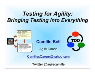 cbell@CamilleBellConsulting.com 1
Testing for Agility:
Bringing Testing into Everything
Camille Bell
Agile Coach & Trainer
cbell@CamilleBellConsulting.com
Twitter @agilecamille
TDD
User Story: Vetting Sighting
In order to show
confirmation of a sighting,
As a US-CERT analyst,
I want to mark a sighting a
vetted
• XYZ sighting is viewed by
Charley US-CERT analyst
• Charley marks sighting as vetted
• Tracy from Treasury searches for
sightings vetted today
• Tracy sees XYZ as a confirmed
sighting
 