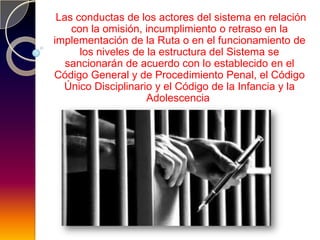 Las conductas de los actores del sistema en relación
    con la omisión, incumplimiento o retraso en la
implementación de la Ruta o en el funcionamiento de
      los niveles de la estructura del Sistema se
   sancionarán de acuerdo con lo establecido en el
Código General y de Procedimiento Penal, el Código
  Único Disciplinario y el Código de la Infancia y la
                     Adolescencia.
 
