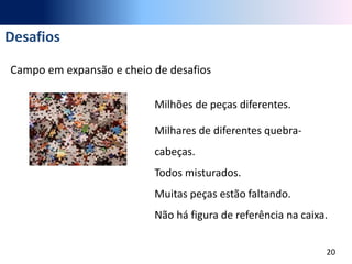Desafios
20
Campo em expansão e cheio de desafios
Milhões de peças diferentes.
Milhares de diferentes quebra-
cabeças.
Todos misturados.
Muitas peças estão faltando.
Não há figura de referência na caixa.
 