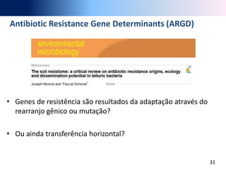 Antibiotic Resistance Gene Determinants (ARGD)
• Genes de resistência são resultados da adaptação através do
rearranjo gênico ou mutação?
• Ou ainda transferência horizontal?
31
 