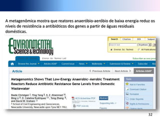 32
A metagenômica mostra que reatores anaeróbio-aeróbio de baixa energia reduz os
níveis de resistência a antibióticos dos genes a partir de águas residuais
domésticas.
 