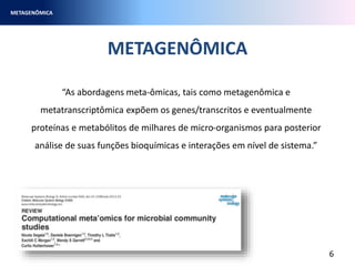 METAGENÔMICA
METAGENÔMICA
6
“As abordagens meta-ômicas, tais como metagenômica e
metatranscriptômica expõem os genes/transcritos e eventualmente
proteínas e metabólitos de milhares de micro-organismos para posterior
análise de suas funções bioquímicas e interações em nível de sistema.”
 