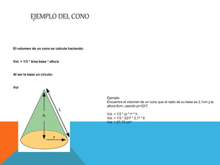 EJEMPLO DEL CONO
El volumen de un cono se calcula haciendo:
Vol. = 1/3 * área base * altura
Al ser la base un círculo:
Vol. = 1/3 * pi * r² * h
Ejemplo:
Encuentra el volumen de un cono que el radio de su base es 2,1cm y la
altura 6cm, usando pi=22/7.
Vol. = 1/3 * pi * r² * h
Vol. = 1/3 * 22/7 * 2,1² * 6
Vol. = 27,72 cm³
 