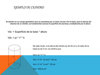 EJEMPLO DE CILINDRO
El cilindro es un cuerpo geométrico que se caracteriza por su base circular. Por lo tanto, para el cálculo del
volumen de un cilindro, es fundamental conocer la superficie de esa base y multiplicarla por la altura:
Vol. = Superficie de la base * altura
Vol. = pi * r² * h
De este modo, si la altura del cilindro es de 25 cm y el radio de la
base es de 3 cm, se verifica que:
Vol = pi * r² * h
Vol = 3.14 * (3 cm)² * 25 cm
Vol = 3.14 * 9 cm² * 25 cm
Vol = 706.5 cm³
 