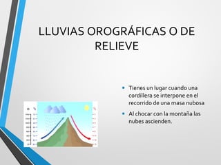 LLUVIAS OROGRÁFICAS O DE
RELIEVE
• Tienes un lugar cuando una
cordillera se interpone en el
recorrido de una masa nubosa
• Al chocar con la montaña las
nubes ascienden.
 