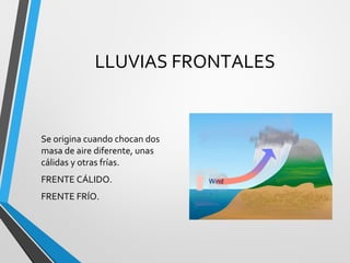 LLUVIAS FRONTALES
Se origina cuando chocan dos
masa de aire diferente, unas
cálidas y otras frías.
FRENTE CÁLIDO.
FRENTE FRÍO.
 