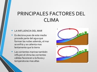 PRINCIPALES FACTORES DEL
CLIMA
• LA INFLUENCIA DEL MAR
• Es decisiva pues de este medio
procede parte del agua que
forman las nubes además, el mar
se enfría y se calienta mas
lentamente que la tierra
• Las corrientes marinas también
influyen el clima las corrientes
cálidas favorecen a la lluvia y
temperaturas mas altas
 
