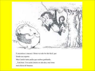 E encontrou o macaco. Desta vez não foi tão fácil, que
Simão era esperto.
Mas Camilo tanto pediu que acabou ganhando.
_ Está bem. Um cacho inteiro eu não dou, mas tome
meia dúzia de bananas.
 