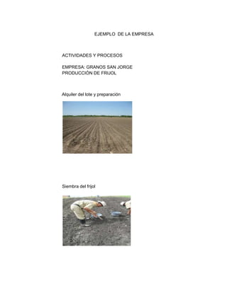 EJEMPLO DE LA EMPRESA



ACTIVIDADES Y PROCESOS

EMPRESA: GRANOS SAN JORGE
PRODUCCIÓN DE FRIJOL



Alquiler del lote y preparación




Siembra del frijol
 