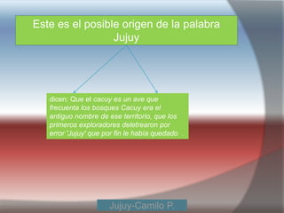 Este es el posible origen de la palabra
                 Jujuy




   dicen: Que el cacuy es un ave que
   frecuenta los bosques Cacuy era el
   antiguo nombre de ese territorio, que los
   primeros exploradores deletrearon por
   error 'Jujuy' que por fin le había quedado .




                      Jujuy-Camilo P.
 