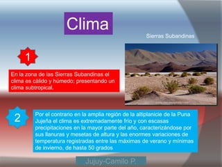 Clima                            Sierras Subandinas



     1
En la zona de las Sierras Subandinas el
clima es cálido y húmedo; presentando un
clima subtropical.



         Por el contrario en la amplia región de la altiplanicie de la Puna
 2       Jujeña el clima es extremadamente frío y con escasas
         precipitaciones en la mayor parte del año, caracterizándose por
         sus llanuras y mesetas de altura y las enormes variaciones de
         temperatura registradas entre las máximas de verano y mínimas
         de invierno, de hasta 50 grados

                             Jujuy-Camilo P.
 