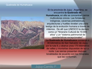 Quebrada de Humahuaca

                                  En la provincia de Jujuy , Argentina, se
                                        encuentra la Quebrada de
                               Humahuaca, en ella se concentran cerros
                                    multicolores únicos. Las fortalezas
                                    indígenas, cavernas prehistóricas,
                                 arquitecturas y huellas revelan una zona
                               testigo de la evolución humana a través de
                                milenios . De allí que UNESCO la declare
                                  como un "Itinerario Cultural de 10.000
                                    años” y un "sistema patrimonial de
                                      características excepcionales".
                               La Quebrada de Humahuaca comienza a
                                 39 kilómetros de San Salvador de Jujuy,
                               por la ruta 9, y abarca unos 170 kilómetros
                                de valles y montañas dispuestas de sur a
                                   norte. Las sierras presentan distintas
                                tonalidades de acuerdo con los minerales
                                            que las conforman.



                        Jujuy-Camilo P.
 
