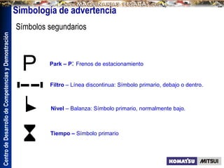 Centro
de
Desarrollo
de
Competencias
y
Demostración
Park – P: Frenos de estacionamiento
Filtro – Línea discontinua: Símbolo primario, debajo o dentro.
Nivel – Balanza: Símbolo primario, normalmente bajo.
Tiempo – Símbolo primario
Simbología de advertencia
Símbolos segundarios
 