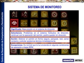 Centro
de
Desarrollo
de
Competencias
y
Demostración
SISTEMA DE MONITOREO
Significado: Baja presión en el sistema de dirección
Advertencia: Problemas en el sistema hidráulico de dirección,
continuar con la operación del camión, podría quedar sin dirección.
Acción: Detener el camión en forma segura, parquear, rest, cerrar
contacto y solicitar asistencia técnica inmediatamente.
Excepciones: Es normal que la luz encienda en algunas condiciones
de operación a bajas RPM.
 