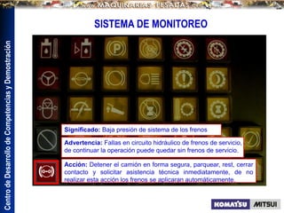 Centro
de
Desarrollo
de
Competencias
y
Demostración
SISTEMA DE MONITOREO
Significado: Baja presión de sistema de los frenos
Advertencia: Fallas en circuito hidráulico de frenos de servicio,
de continuar la operación puede quedar sin frenos de servicio.
Acción: Detener el camión en forma segura, parquear, rest, cerrar
contacto y solicitar asistencia técnica inmediatamente, de no
realizar esta acción los frenos se aplicaran automáticamente.
 