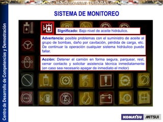 Centro
de
Desarrollo
de
Competencias
y
Demostración
SISTEMA DE MONITOREO
Significado: Bajo nivel de aceite hidráulico.
Advertencia: posible problemas con el suministro de aceite al
grupo de bombas, daño por cavitación, pérdida de carga, etc.
De continuar la operación cualquier sistema hidráulico puede
fallar.
Acción: Detener el camión en forma segura, parquear, rest,
cerrar contacto y solicitar asistencia técnica inmediatamente
(en caso sea necesario apagar de inmediato el motor)
 