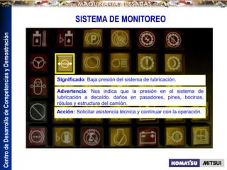 Centro
de
Desarrollo
de
Competencias
y
Demostración
SISTEMA DE MONITOREO
Significado: Baja presión del sistema de lubricación.
Advertencia: Nos indica que la presión en el sistema de
lubricación a decaído. daños en pasadores, pines, bocinas,
rótulas y estructura del camión.
Acción: Solicitar asistencia técnica y continuar con la operación.
 