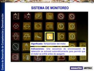 Centro
de
Desarrollo
de
Competencias
y
Demostración
SISTEMA DE MONITOREO
Significado: Temporizador del motor.
Indicaciones: Una secuencia de sincronización de
detención se activará automáticamente para permitir que
el motor se enfrié antes de apagarlo.
 