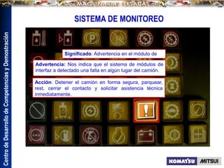 Centro
de
Desarrollo
de
Competencias
y
Demostración
SISTEMA DE MONITOREO
Significado: Advertencia en el módulo de
interface.
Advertencia: Nos indica que el sistema de módulos de
interfaz a detectado una falla en algún lugar del camión.
Acción: Detener el camión en forma segura, parquear,
rest, cerrar el contacto y solicitar asistencia técnica
inmediatamente.
 