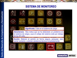 Centro
de
Desarrollo
de
Competencias
y
Demostración
SISTEMA DE MONITOREO
Significado: Falla en el sistema de carga
Advertencia: Nos indica que se ha detectado un problema en
el sistema de carga y que el voltaje del sistema está por debajo
de los 20 volts.
Acción: Detener el camión en forma segura, parquear, rest,
cerrar contacto y solicitar asistencia técnica inmediatamente.
 