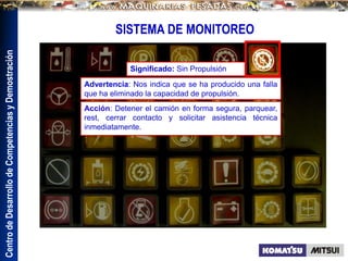 Centro
de
Desarrollo
de
Competencias
y
Demostración
SISTEMA DE MONITOREO
Significado: Sin Propulsión
Advertencia: Nos indica que se ha producido una falla
que ha eliminado la capacidad de propulsión.
Acción: Detener el camión en forma segura, parquear,
rest, cerrar contacto y solicitar asistencia técnica
inmediatamente.
 