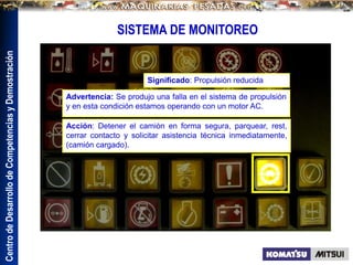 Centro
de
Desarrollo
de
Competencias
y
Demostración
SISTEMA DE MONITOREO
Significado: Propulsión reducida
Advertencia: Se produjo una falla en el sistema de propulsión
y en esta condición estamos operando con un motor AC.
Acción: Detener el camión en forma segura, parquear, rest,
cerrar contacto y solicitar asistencia técnica inmediatamente,
(camión cargado).
 