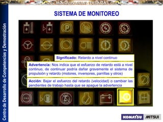 Centro
de
Desarrollo
de
Competencias
y
Demostración
SISTEMA DE MONITOREO
Significado: Retardo a nivel continuo
Advertencia: Nos indica que el esfuerzo de retardo está a nivel
continuo, de continuar podría dañar gravemente el sistema de
propulsión y retardo (motores, inversores, parrillas y otros)
Acción: Bajar el esfuerzo del retardo (velocidad) o cambiar las
pendientes de trabajo hasta que se apague la advertencia
 