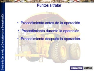 Centro
de
Desarrollo
de
Competencias
y
Demostración
Puntos a tratar
• Procedimiento antes de la operación.
• Procedimiento durante la operación.
• Procedimiento después la operación.
 